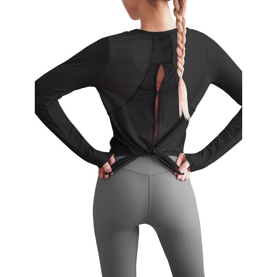SAYFUT Stylish UV Protection Tops Long Sleeve O Neck Sport Baseball Tee Shirt Splice Open Back Design Running Yoga Blouse Plus Size