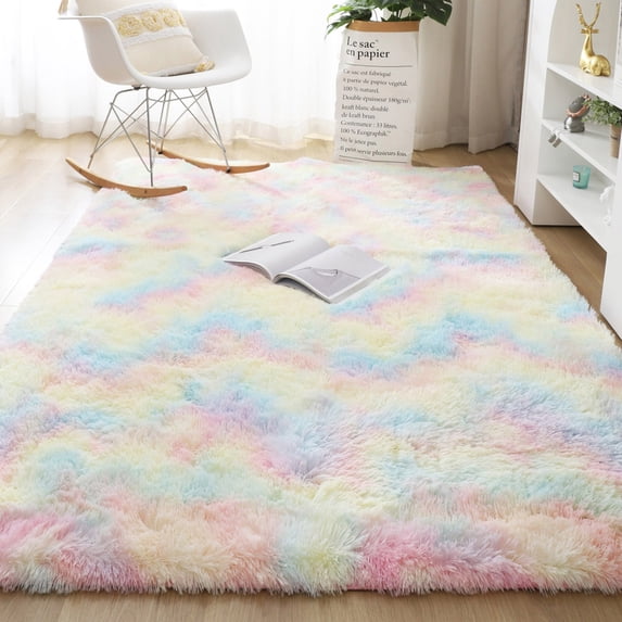 SAYFUT Ultra Soft Modern Shag Area Rugs Fluffy Living Room Carpet Comfy Bedroom Home Decorate Floor, 48''x72'', Rainbow