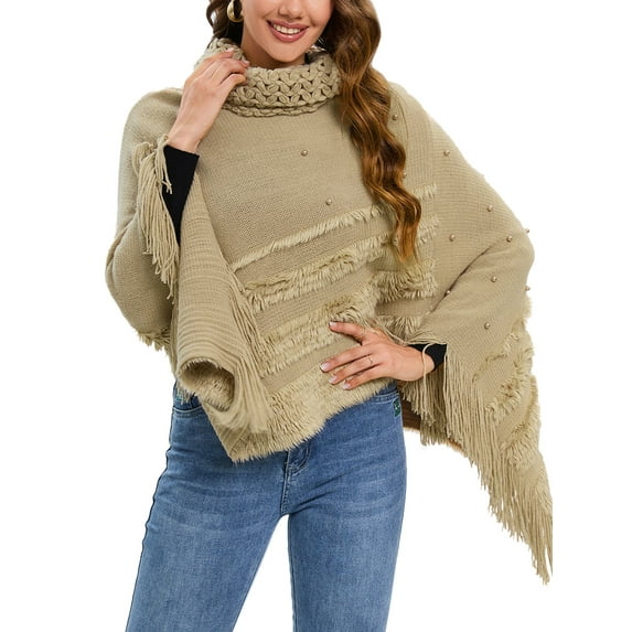 SAYFUT Women Chunky Knit Long Sleeve Ponchos Sweater For Travel Shawl Wrap Asymmetric Hem Pullover Shirts Turtleneck Sweater Loose Casual Lounge Tops
