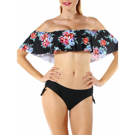 SAYFUT Women Off-Shoulder Ruffle Bikini Set Two-piece Padded Swimsuit Swimwear Bathing Suit Black/White S-XL
