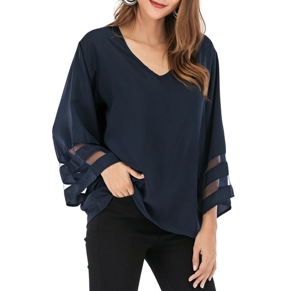 SAYFUT Women Plus Size Casual Tops Blouses Lace Patchwork 3/4 Bell Long Sleeve V Neck Casual Loose Shirt Chiffon Blouse