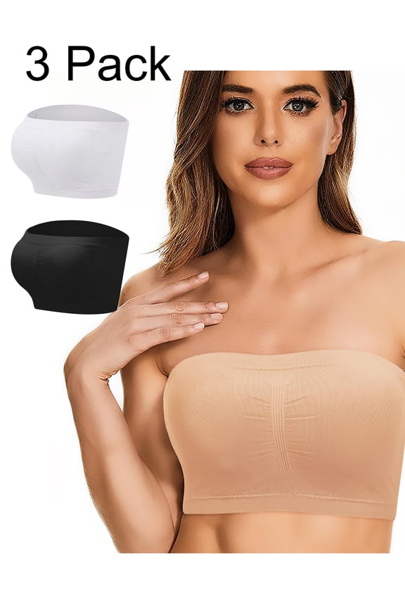 Women's 3PCS Strapless Bra Basic Wire-Free Summer Seamless Bandeau Tube Top Bra