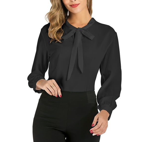 SAYFUT Women's Chiffon Blouse Long Sleeve Shirts Tops Bow Tied Neck Office Work Casual Slim Fit Shirt,Size M-3XL