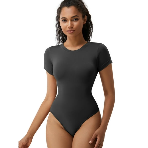 SAYFUT Women's Crew Neck Short Sleeve Shapewear Bodysuit Slimming Sexy Thong Body Suit Tops
