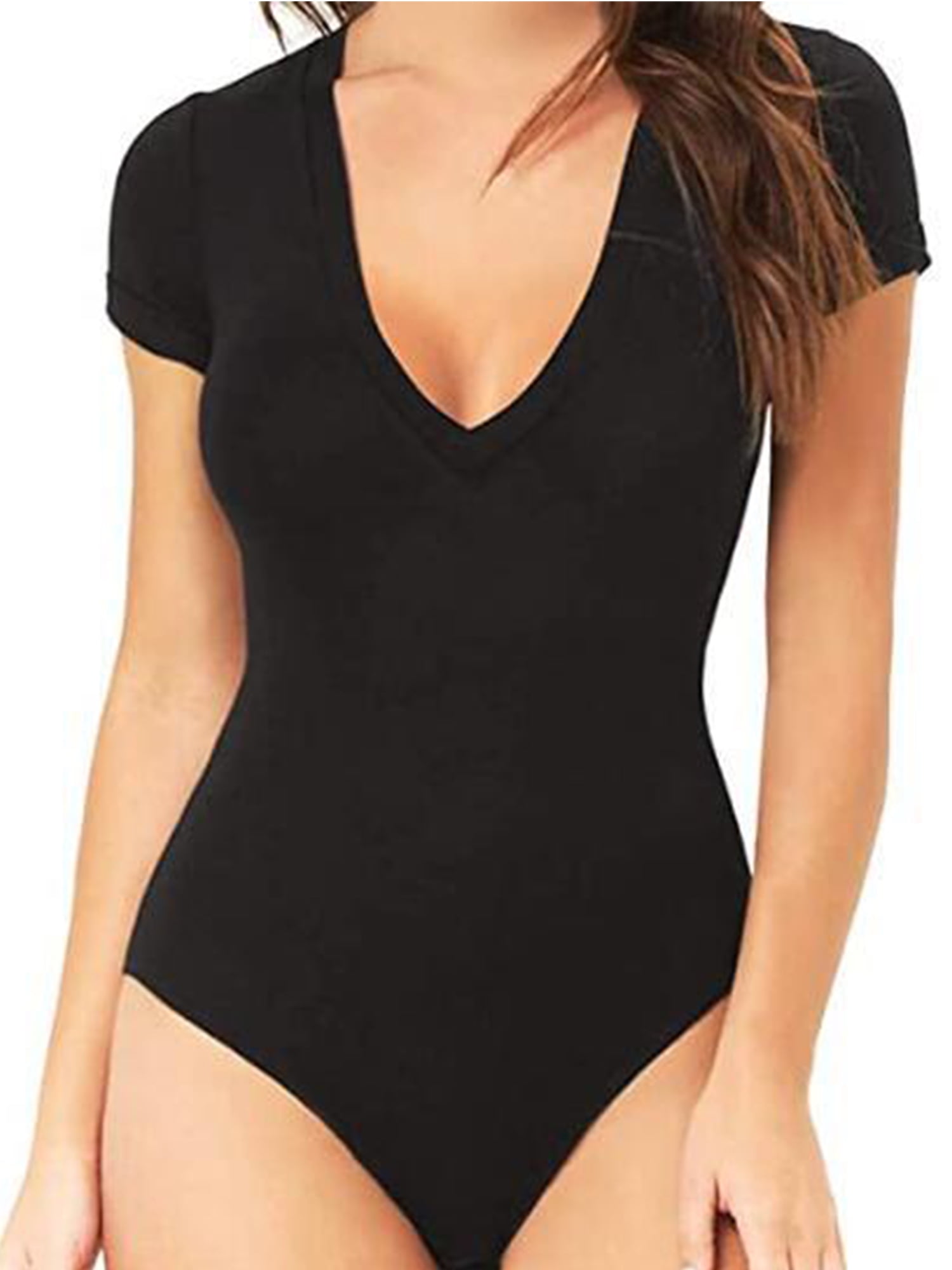 SAYFUT Women's Deep V Neck Short Sleeve Stretchy Basic Bodysuit