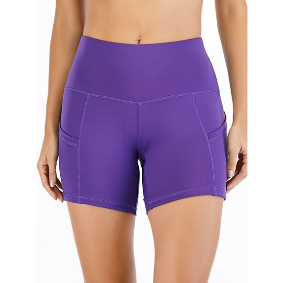 SAYFUT Women's High Waist Out Pocket Yoga Short Tummy Control Workout Running Athletic Non See-Through Yoga Shorts Solid Athletic Pants Blue/Pink/Green/Nude