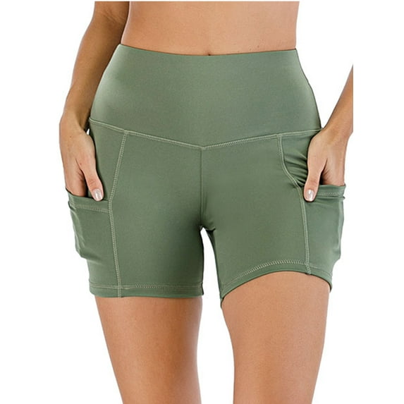 SAYFUT Women's High Waist Out Pocket Yoga Short Tummy Control Workout Running Athletic Non See-Through Yoga Shorts Solid Athletic Pants Blue/Pink/Green/Nude