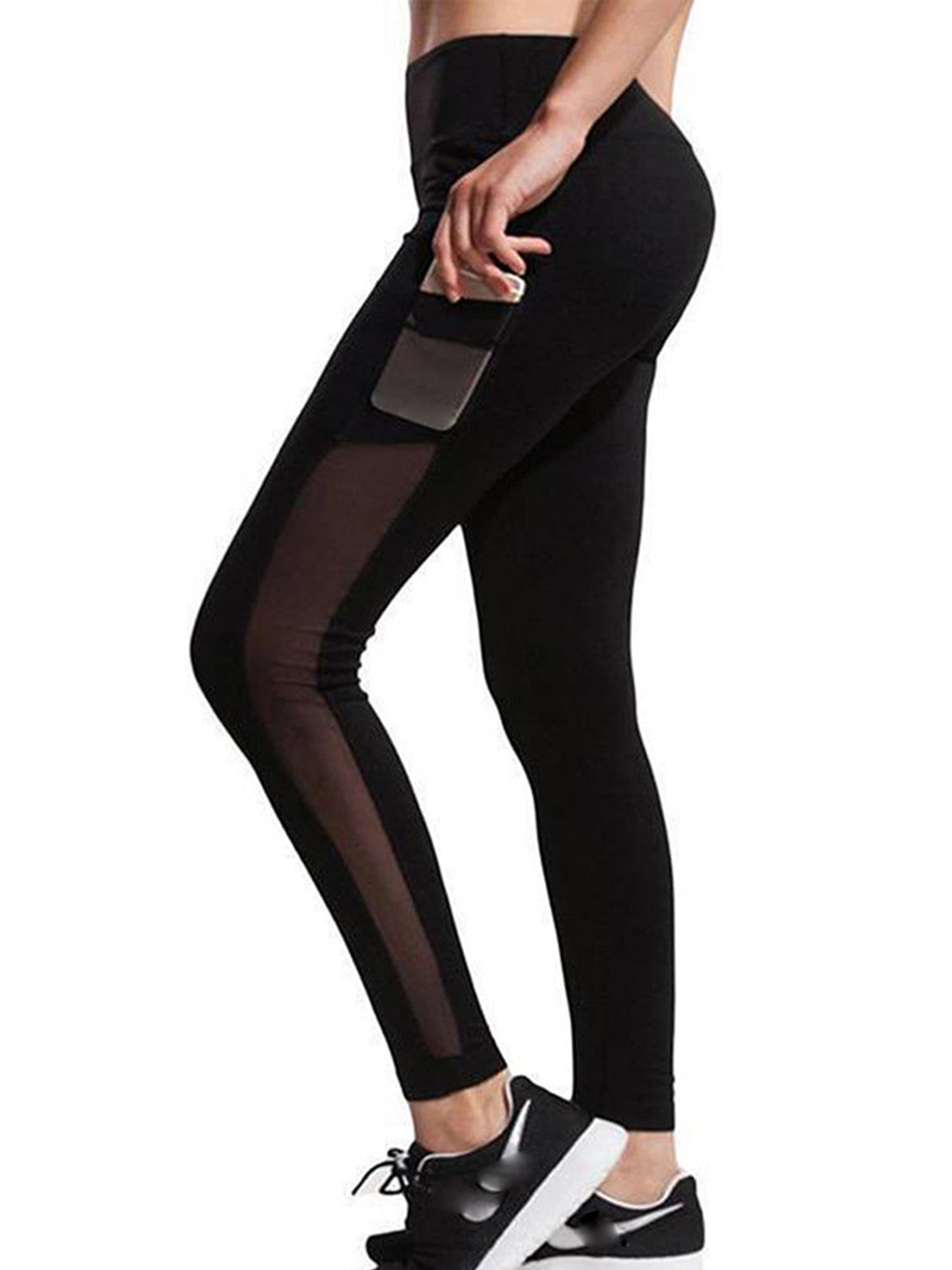 SAYFUT Women's High Waist Yoga Pants Fashion Mesh Yoga Pilates Pants Workout  Exercise Skinny Leggings with Side Pocket Black 