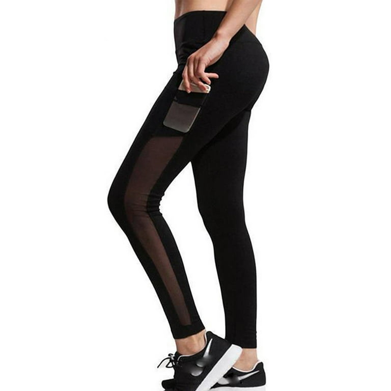 SAYFUT Women's High Waist Yoga Pants Fashion Mesh Yoga Pilates Pants  Workout Exercise Skinny Leggings with Side Pocket Black