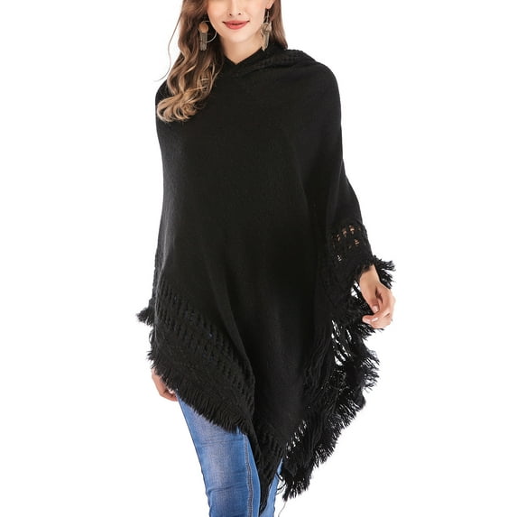 SAYFUT Women's Hooded Poncho Cape Shawl Knitted Sweater Turtleneck Loose Casual Warm Pullover Sweater with Tassel Fringed Hem