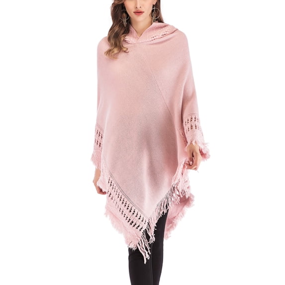 SAYFUT Women's Hooded Poncho Cape Shawl Knitted Sweater Turtleneck Loose Casual Warm Pullover Sweater with Tassel Fringed Hem