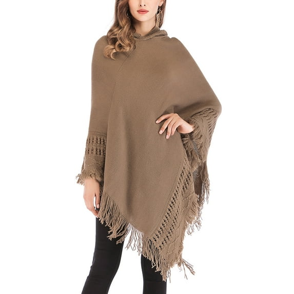 SAYFUT Women's Hooded Poncho Cape Shawl Knitted Sweater Turtleneck Loose Casual Warm Pullover Sweater with Tassel Fringed Hem