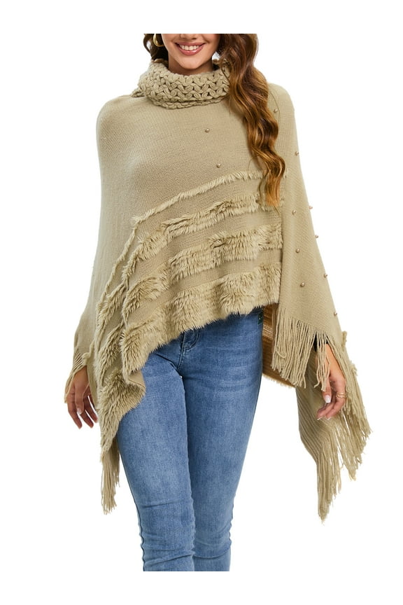 Women's Hooded Poncho Cape Shawl Knitted Sweater Turtleneck Loose Casual Warm Pullover Sweater with Tassel Fringed Hem