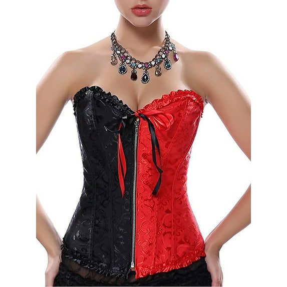 SAYFUT Women's Jacquard Overbust Corset Intimates Waist Training Zipper-Up Body Shaper with Half Red and Black