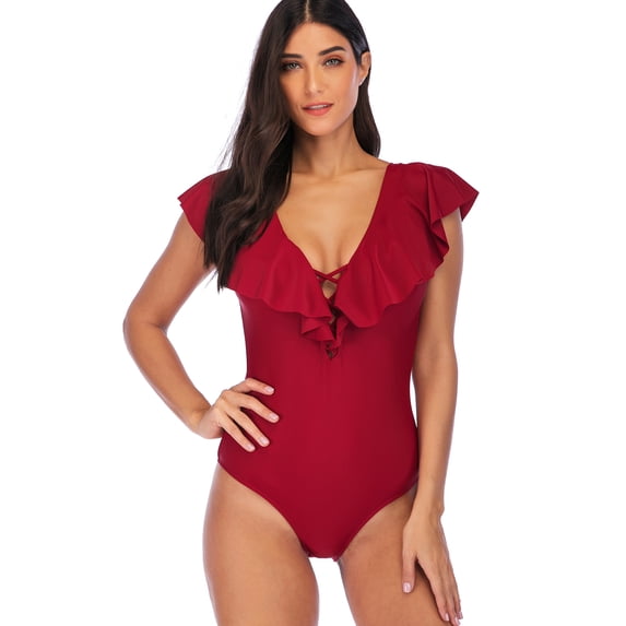 SAYFUT Women's One Piece Swimsuit V Neck Ruffle Monokinis Swimwear Crossback Bathing Suits Black/Jujube Red