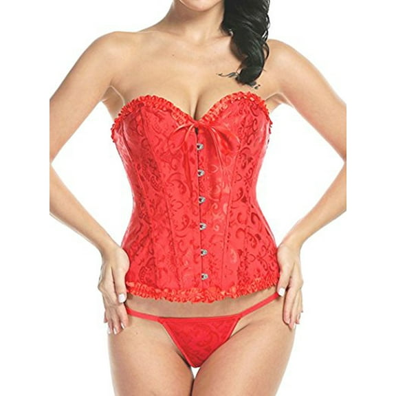 SAYFUT Women's Overbust Corset Bustier Fashion Jacquard Pattern Lace Body Shaper Red Size S-6XL