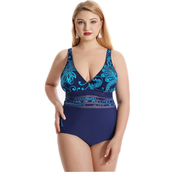 SAYFUT Women's Plus Size Classic Floral Printed One Piece Swimsuit Deep V-Neck Swimwear Bikini Bathing Suits 4XL-8XL