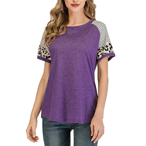 SAYFUT Women's Shirts  Blouses  Color Block Striped Short Sleeve T-Shirt Juniors Plus Size  Tunic Top Asymmetric Hem Tops