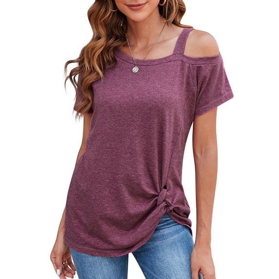 SAYFUT Women's Shirts Cold Shoulder Tops Summer Short Sleeve Tunic Top Casual Front Twist Knot Blouses T-Shirt S-2XL, Black/ Grey/ Wine Red