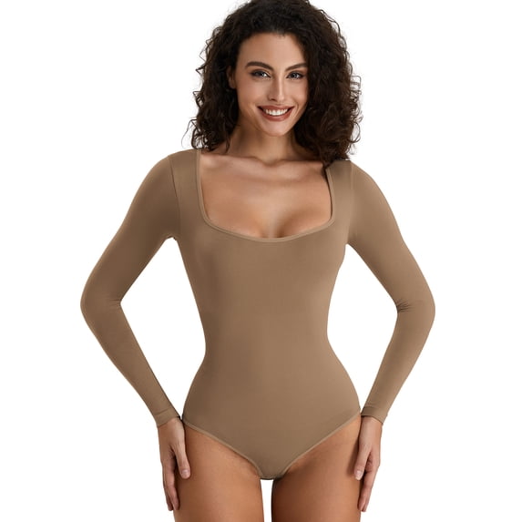 SAYFUT Women's Sexy Square Neck Bodysuit Long Sleeve Slimming Body Suit Tops Lined Shirt Tops