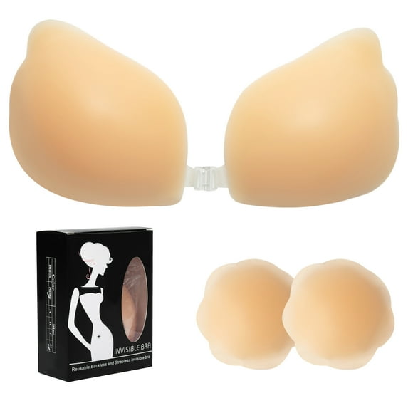 SAYFUT Women 's Strapless Invisible Bra Backless Self-Adhesive Push Up Sticky Bras With Strong Clip and Flower Nipple Covers