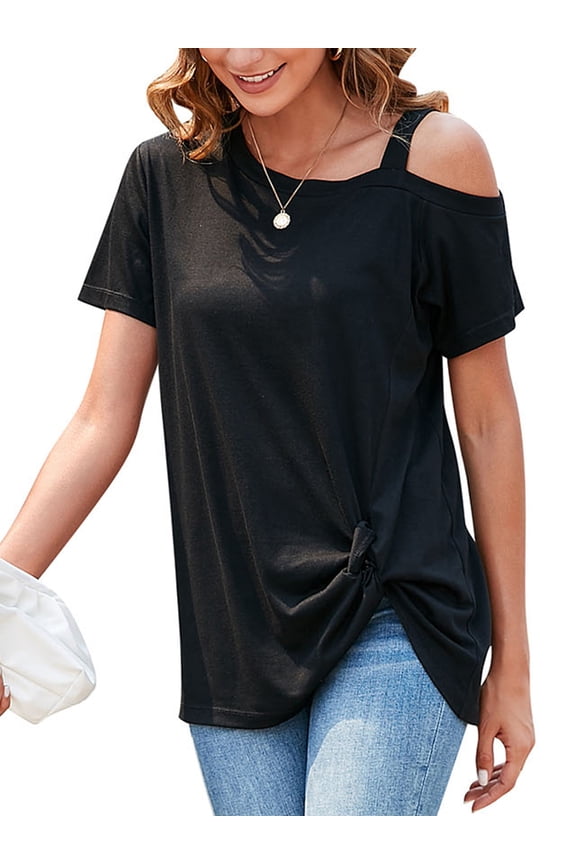 Women's Summer Cold Shoulder Tunics Tops Casual Short Sleeve T shirt Front Twist Knot Blouse Sexy Tunic Top, up to size 2XL, Black/ Grey/ Wine Red