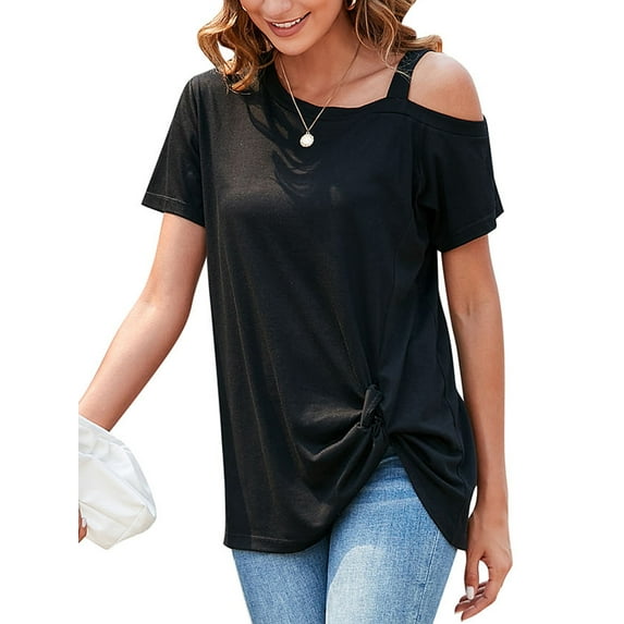 SAYFUT Women's Summer Cold Shoulder Tunics Tops Casual Short Sleeve T shirt Front Twist Knot Blouse Sexy Tunic Top, up to size 2XL, Black/ Grey/ Wine Red