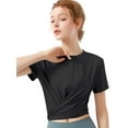 thumbnail image 1 of SAYFUT Women's Summer Crop Top Basic Short Sleeve Twist Front Tee T-Shirt Round Neck Ladies Casual T-Shirt Blouse Solid Color Tie Knot Tops,up to Size -XL Black/White, 1 of 8