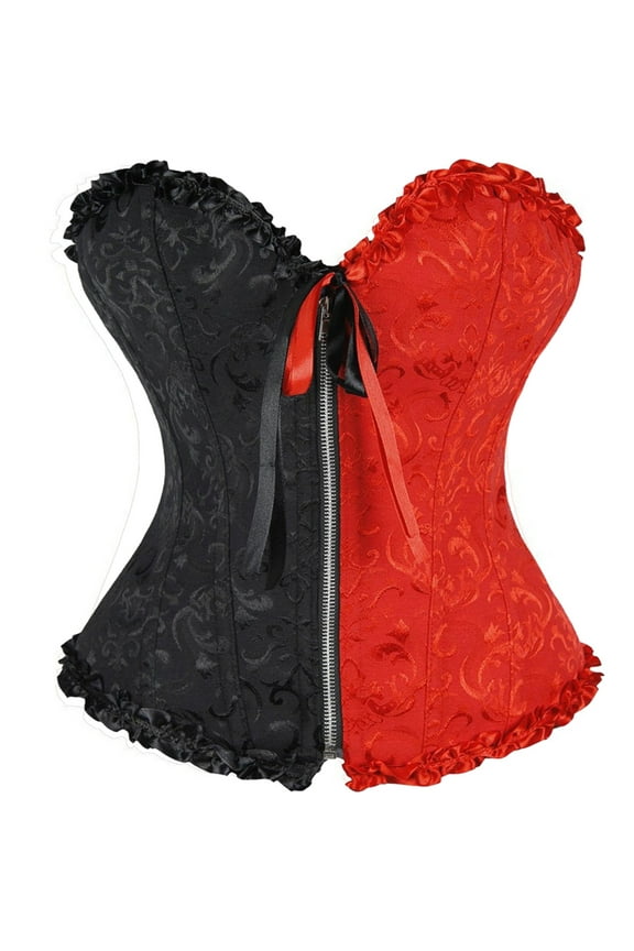 Women's Zipper-Up Jacquard Overbust Corset Intimates With Half Red and Black