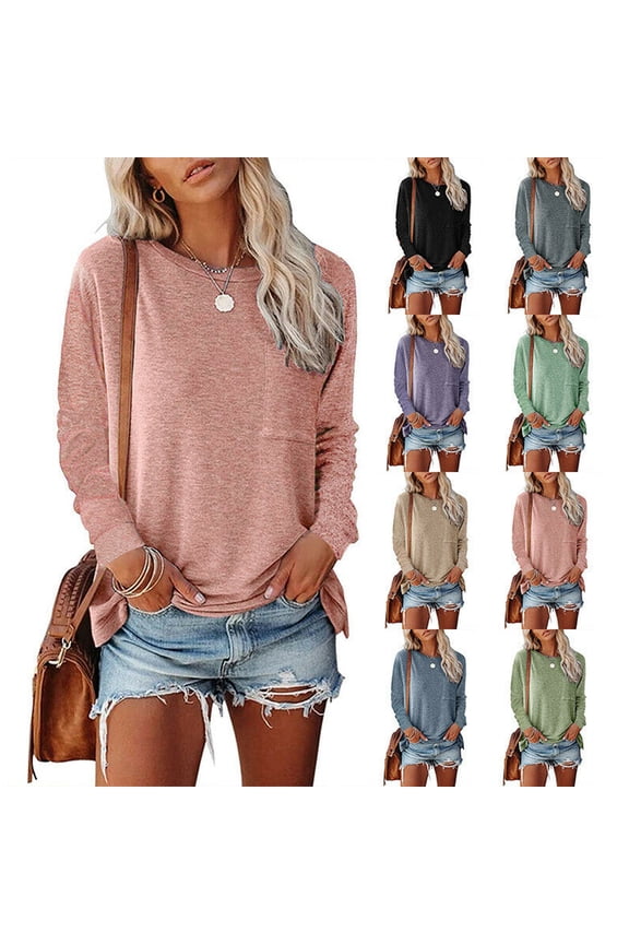 Womens Casual Blouse Crew Neck Long Sleeve Solid Comfy T Shirt Loose Pocket Tops,S-2XL