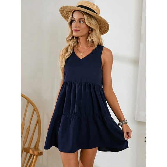 SAYFUT Womens Plus Size Dress Flowy Summer Dresses Solid Color Sleeveless Beach Party Loose Dresses V Neck Flowy Dress