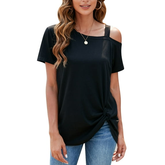 SAYFUT Womens Short Sleeve Tunic Tops Blouse Loose Casual Cold Shoulder Tops Front Twist Knot Basic T Shirts, Black/ Grey/ Wine Red Plus Size 2XL