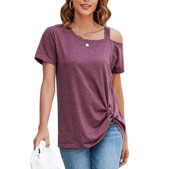 SAYFUT Womens Short Sleeve Tunic Tops Blouse Loose Casual Cold Shoulder Tops Front Twist Knot Basic T Shirts, Black/ Grey/ Wine Red Plus Size 2XL