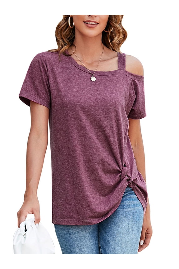 Womens Short Sleeve Tunic Tops Blouse Loose Casual Cold Shoulder Tops Front Twist Knot Basic T Shirts, Black/ Grey/ Wine Red Plus Size 2XL