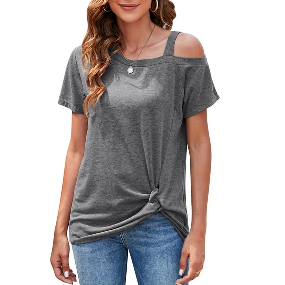 SAYFUT Womens Short Sleeve Tunic Tops Blouse Loose Casual Cold Shoulder Tops Front Twist Knot Basic T Shirts, Black/ Grey/ Wine Red Plus Size 2XL