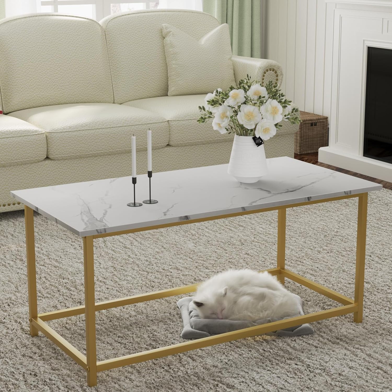 SAYGOER White Faux Marble Coffee Table Simple Modern Rectangular Coffee