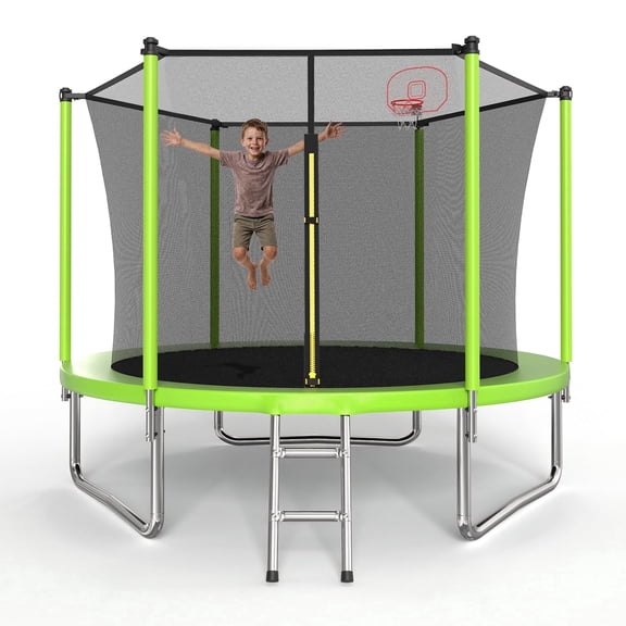 SAYGOGO 10 ft Outdoor Trampoline with Safety Enclosure Net, Galvanized Steel Frame, 2-Step Ladder, ASTM Certified, 240LBS Weight Capacity for Backyard Family Fun
