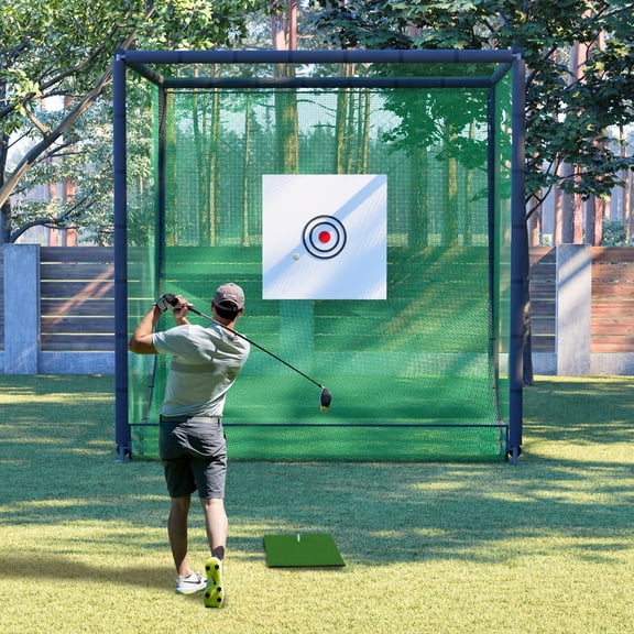 SAYGOGO 10 x 10 x 10 ft Golf Practice Hitting Cage, Metal Frame Double Layer Net, 59.05" Target Cloth, Tool-Free Assembly, Indoor Outdoor Full Swing Training