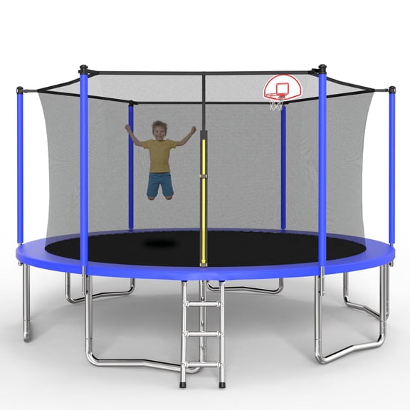 SAYGOGO 14 ft Trampoline with Safety Enclosure Net, 6 Reinforced Poles & W-Shaped Legs, ASTM Certified Rust-Proof Galvanized Steel Trampoline with 3-Step Ladder for Outdoor Kids Jumping