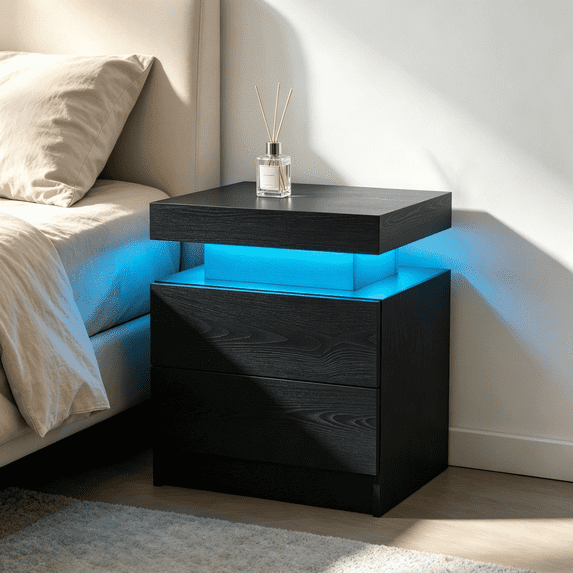 SAYGOGO 2 Drawer Black Woodgrain Nightstand, Modern Adjustable LED Bedside Table with Open Shelf for Bedroom