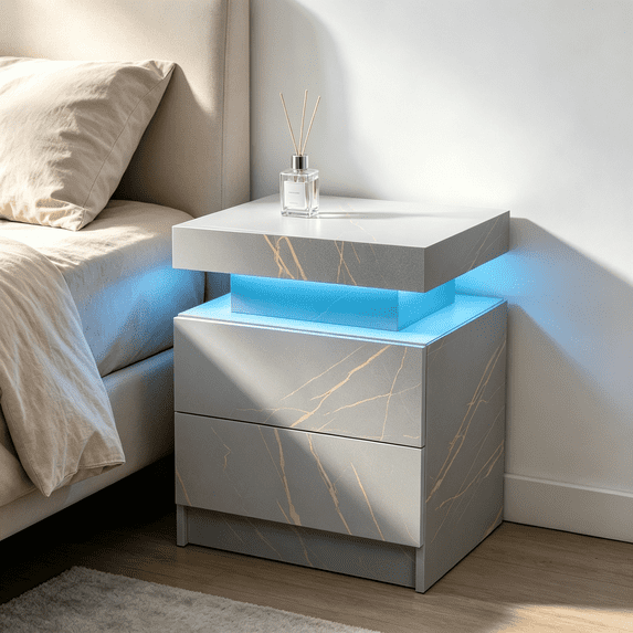 SAYGOGO 2 Drawer Grey Gold Nightstand, Modern Adjustable LED Bedside Table with Open Shelf for Bedroom