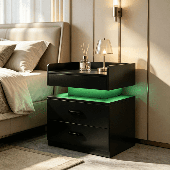 SAYGOGO 2 Drawer Nightstand with Remote Adjustable LED Strip Light, Large Storage Side Table for Bedroom Living Room