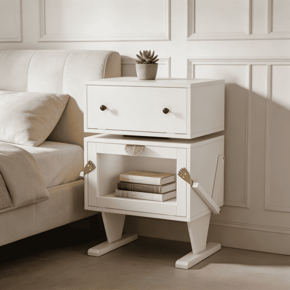 SAYGOGO 20.7" White Robot Nightstand with 360° Rotating Drawer & LED, 80lbs Capacity