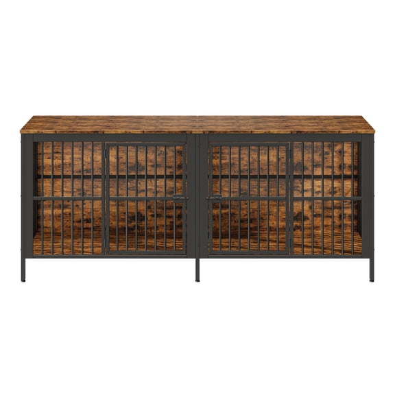 【SAYGOGO】 3-in-1 Heavy-Duty Dog Crate Furniture, Double Compartments with Divider, 5.36" Elevated Base, Rustic Industrial TV Stand/Side Table, Secure Locking, for Medium Large Dogs Up to 150 lbs Each