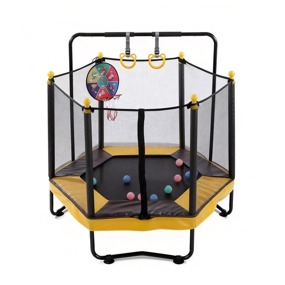 SAYGOGO 54 Inch Kids Trampoline with Enclosure, Adjustable Gymnastics Bar, Ring, Basketball Hoop, Boxing Bag, Ocean Balls, Indoor Outdoor Use