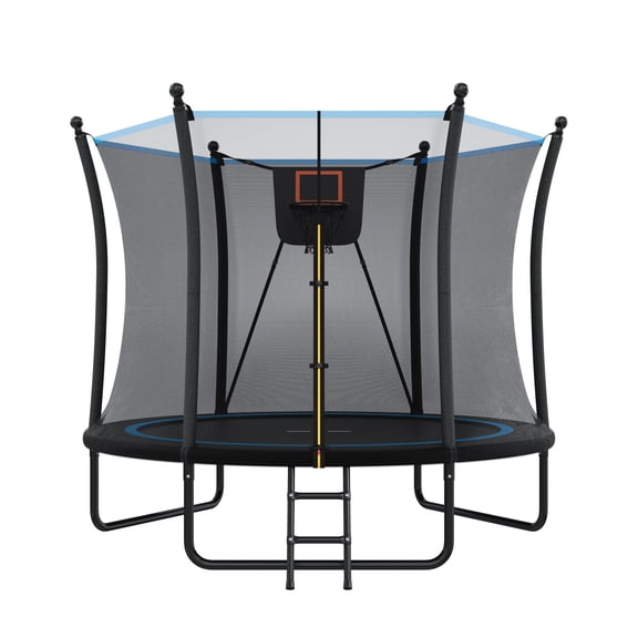 SAYGOGO 8ft Trampoline with Safety Enclosure Net, 6 Foam Poles, 3 W-Shaped Legs, Galvanized Rustproof Steel Frame, 2-Step Ladder for Indoor Outdoor Use