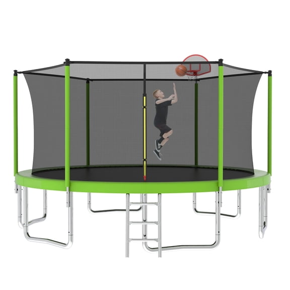SAYGOGO Generic 14 FT Outdoor Trampoline with Safety Enclosure Net, 6 Foam Padded Poles, 6 W-Shaped Legs, Rust-Proof Galvanized Steel Frame, ASTM Certified Trampoline with 3-Step Ladder for Kids Ad