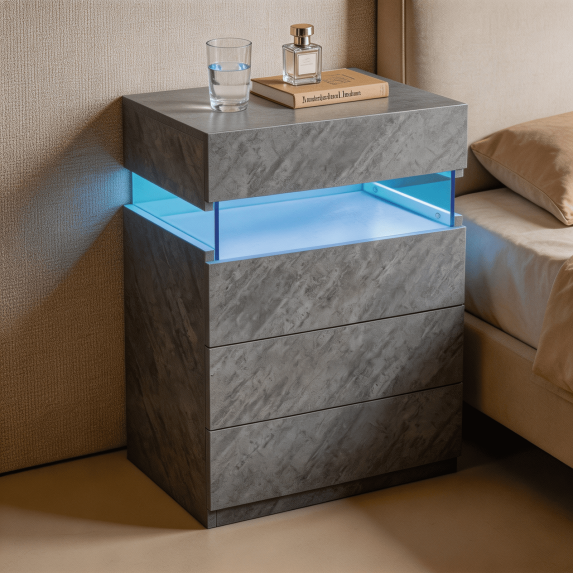 SAYGOGO Grey Nightstand with LED Lights, 4-Drawer Nightstand with Acrylic Panel, Modern Bedside Table for Bedroom Living Room