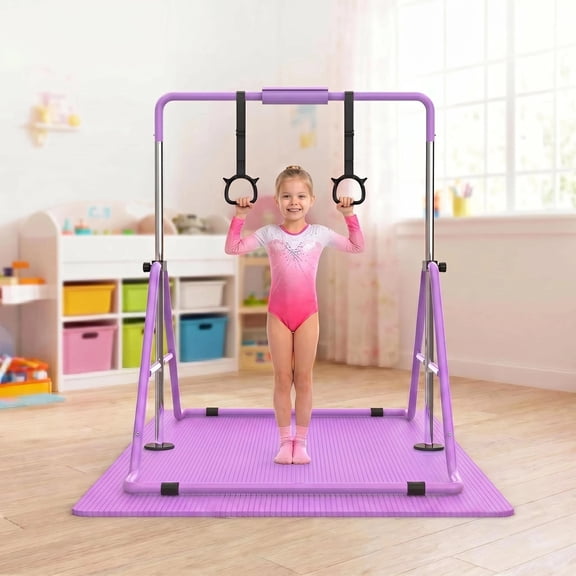 SAYGOGO Gymnastics Bar for Kids, Gymnastics Horizontal Bar with Adjustable Height Foldable Training Bar with Mat for Home Practice
