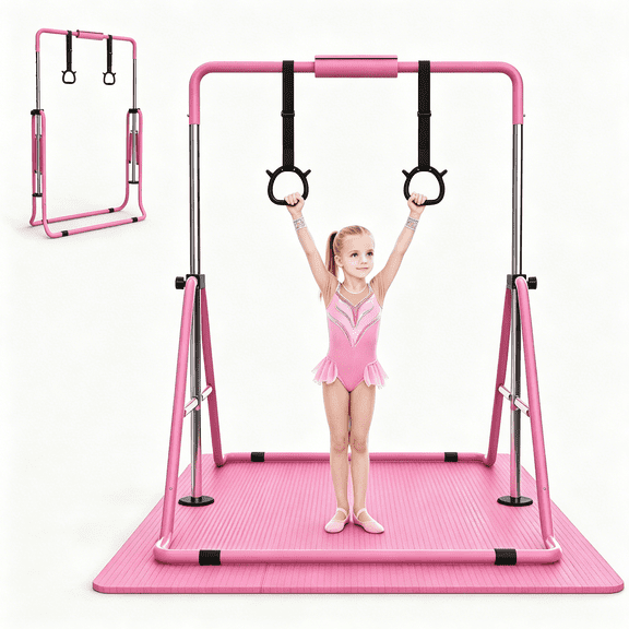 SAYGOGO Gymnastics Bar for Kids, Gymnastics Horizontal Bar with Adjustable Height Foldable Training Bar with Mat for Home Practice